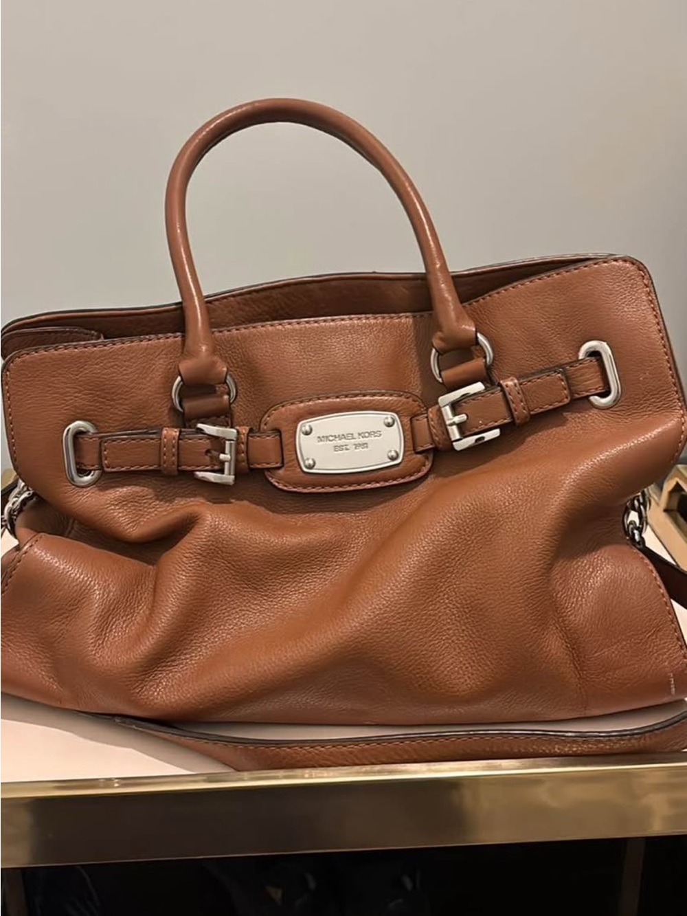 Michael Kors Brown Leather Satchel with Polished Plaque